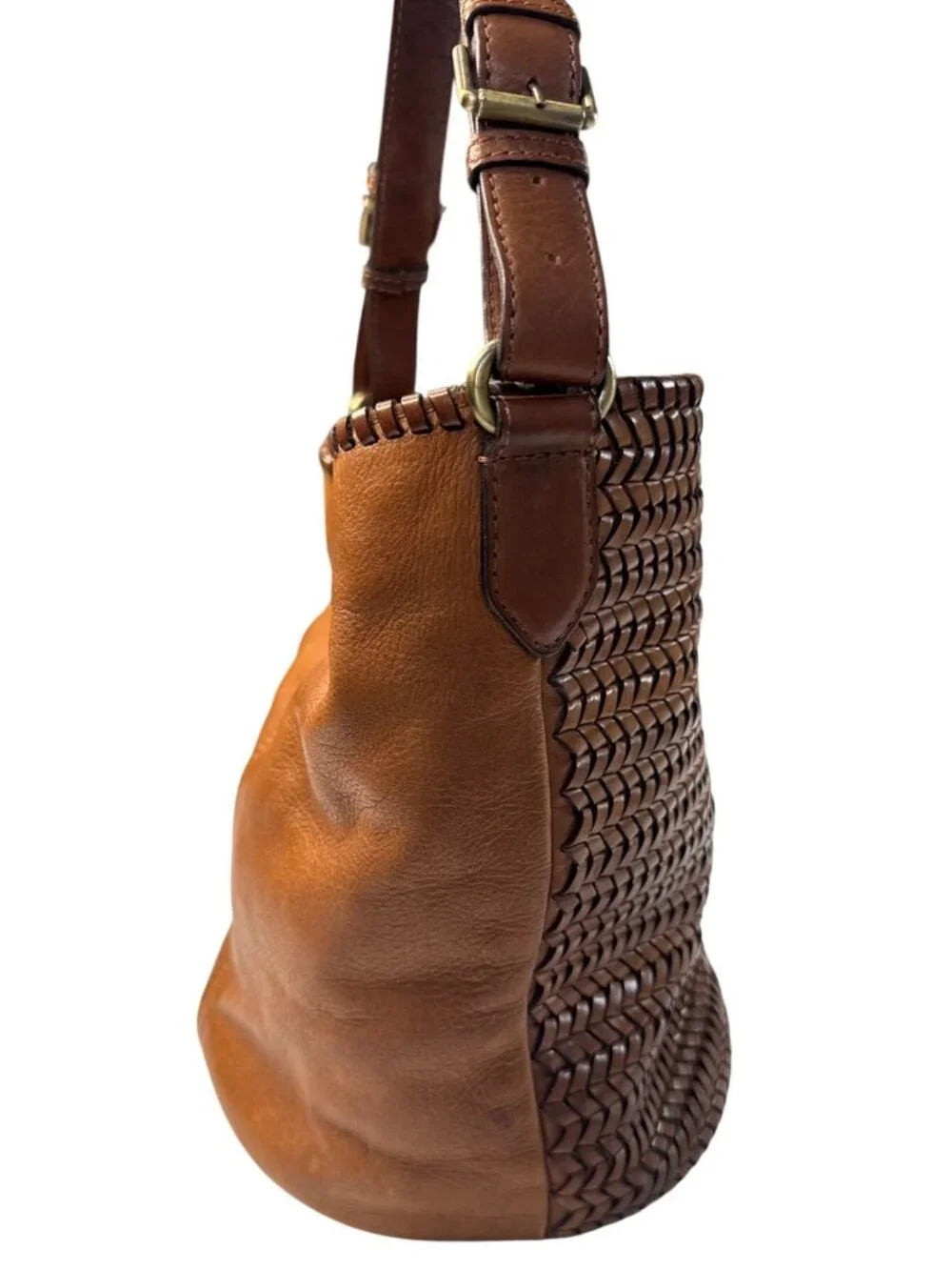 Woven Genuine Leather Brown Shoulder Bag W/Adjustable Strap & Inner Pockets